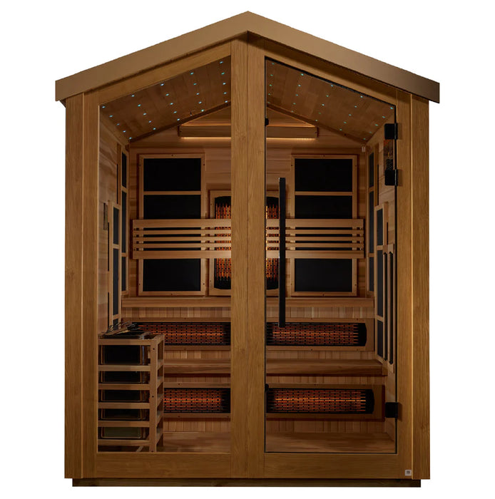 Golden Designs GDI-8526-01 Kaskinen 6 Person Hybrid (PureTech™ Full Spectrum IR or Traditional Stove) Outdoor Sauna - Canadian Red Cedar Interior