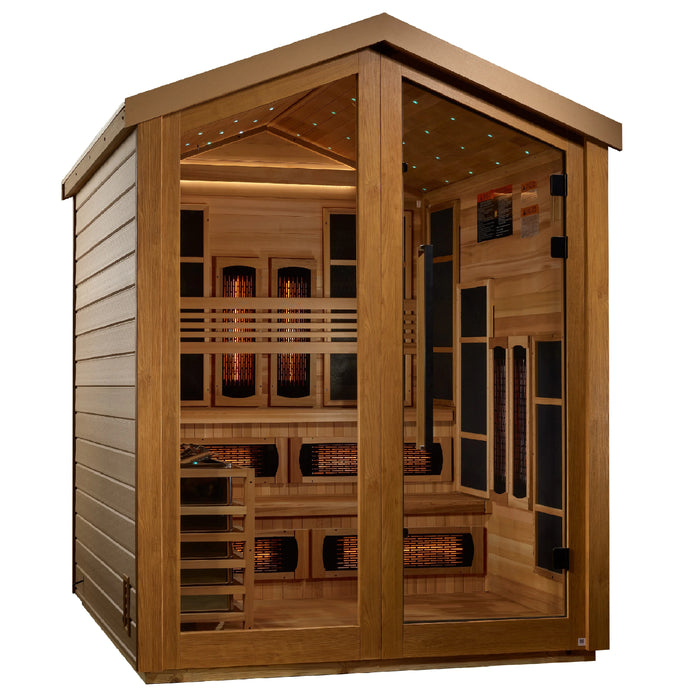 Golden Designs GDI-8526-01 Kaskinen 6 Person Hybrid (PureTech™ Full Spectrum IR or Traditional Stove) Outdoor Sauna - Canadian Red Cedar Interior