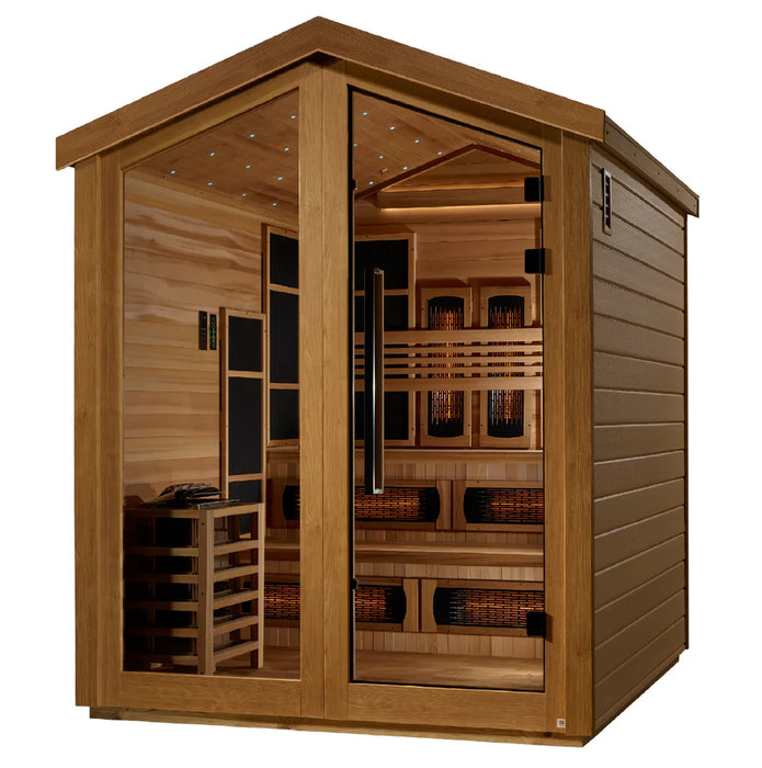 Golden Designs GDI-8526-01 Kaskinen 6 Person Hybrid (PureTech™ Full Spectrum IR or Traditional Stove) Outdoor Sauna - Canadian Red Cedar Interior