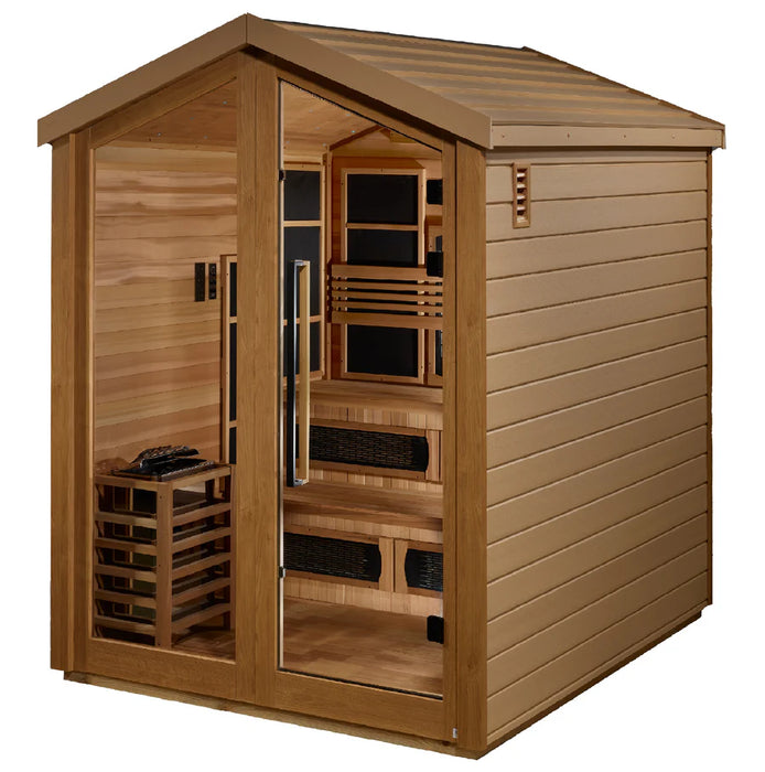 Golden Designs GDI-8526-01 Kaskinen 6 Person Hybrid (PureTech™ Full Spectrum IR or Traditional Stove) Outdoor Sauna - Canadian Red Cedar Interior