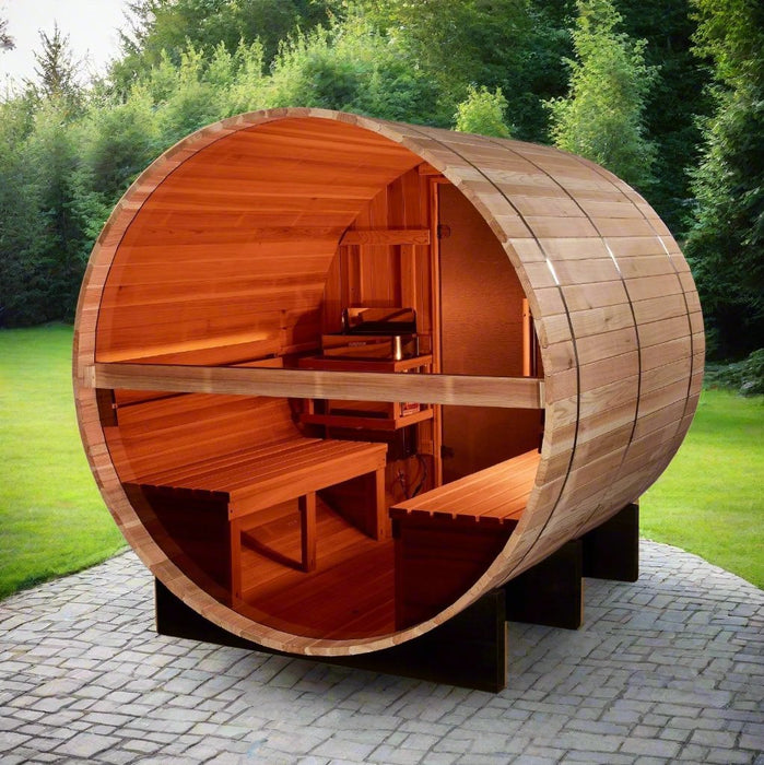 Golden Designs "Zurich" 4 Person Barrel Traditional Sauna with Panoramic Rear Window