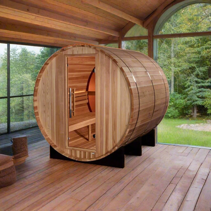 Golden Designs "Zurich" 4 Person Barrel Traditional Sauna with Panoramic Rear Window