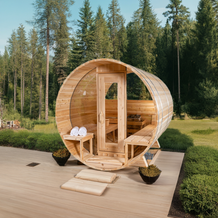 Dundalk LeisureCraft Tranquility Barrel Sauna CTC2345MPW (WOOD BURNING HEATER) Canadian Timber Collection