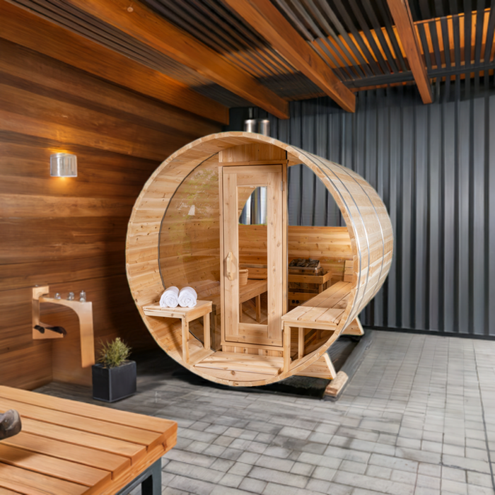 Dundalk LeisureCraft Tranquility Barrel Sauna CTC2345MPW (WOOD BURNING HEATER) Canadian Timber Collection