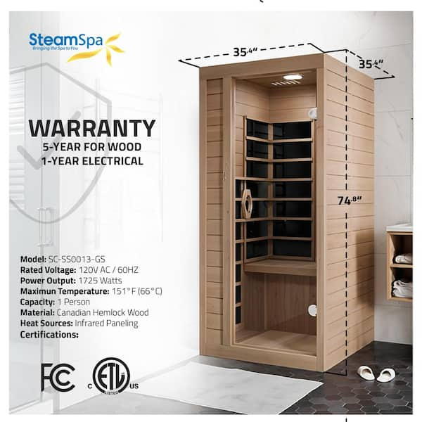 SteamSpa Home Sauna Room 1 Person Hemlock Wooden Indoor Sauna Spa